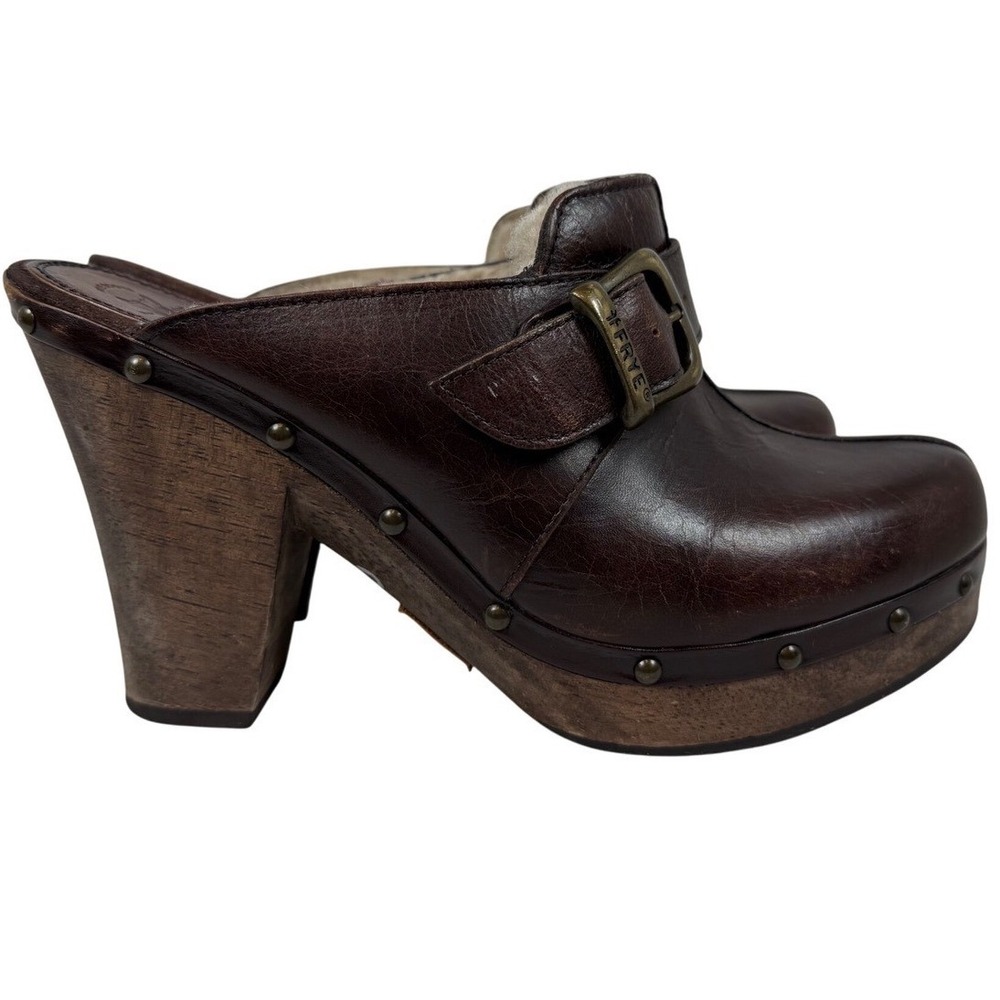 Frye Ella Leather Mule Clogs, Brown, Studded Wooden Platform and Heel, Size 8.5 - Picture 4 of 12
